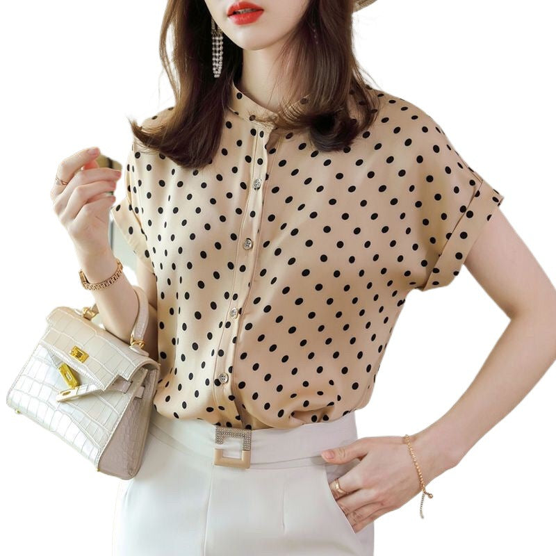 Polka dot top chiffon shirt stand-up collar shirt women's clothing 2025 new summer short-sleeved fashion Muse shirt short-sleeved women