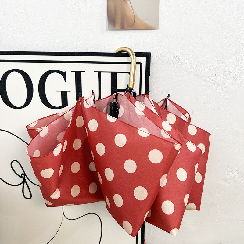 Round polka dot curved hook handle burgundy weather and rain parasol sun protection UV protection new folding sun umbrella vinyl