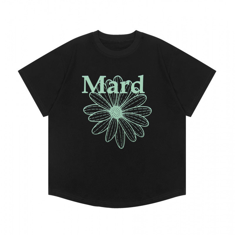 Korean trendy brand short-sleeved small daisy dachshund dog print summer round neck pure cotton gold high silver same loose T-shirt women