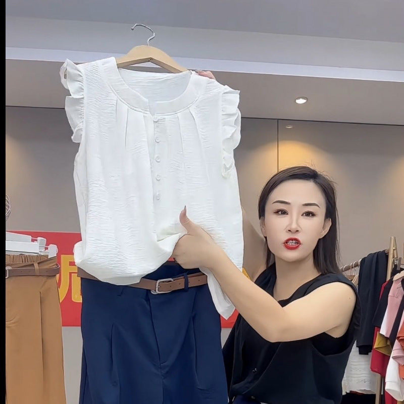 Sleeveless top French 2025 foreign style shirt thin summer doll round neck loose new sweet explosion