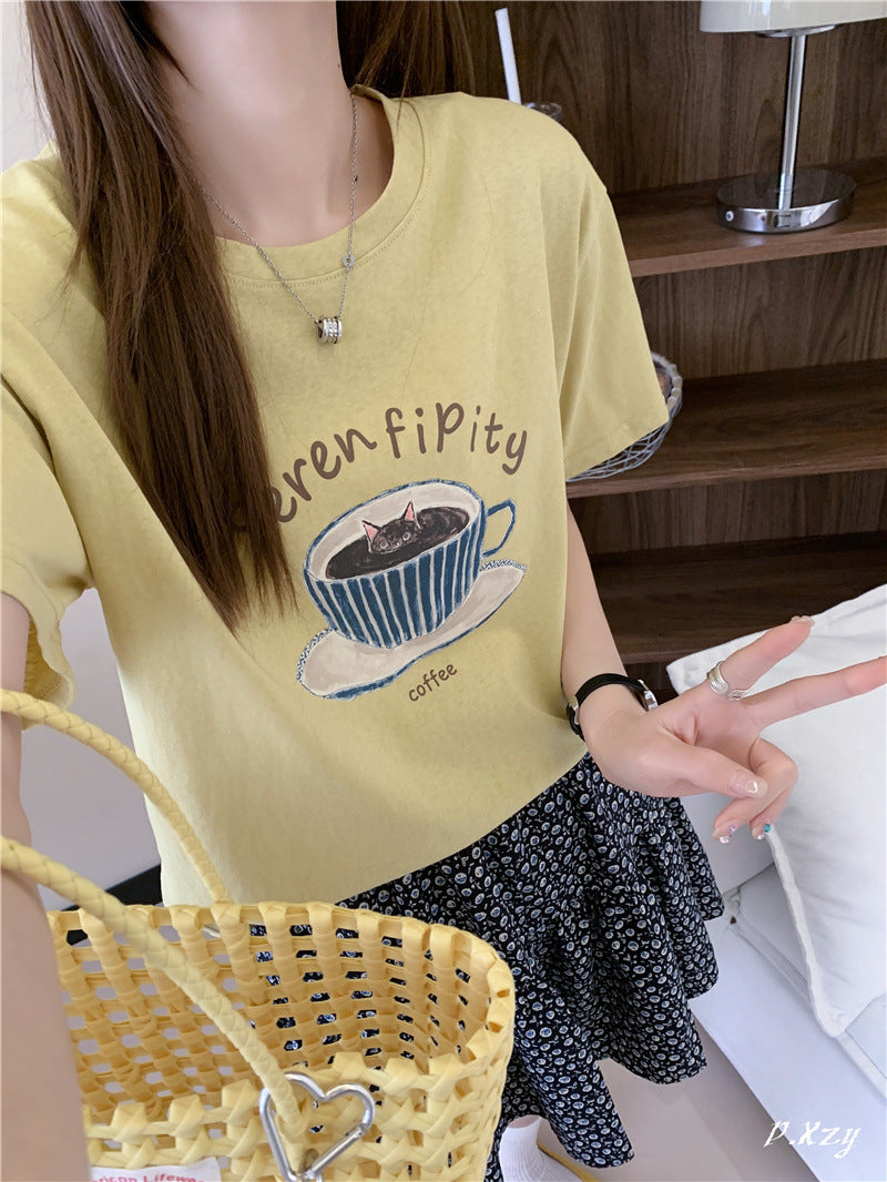 BK summer new Korean version casual women's short-sleeved crew neck T-shirt simple and cute cartoon thin cotton shirt women's versatile