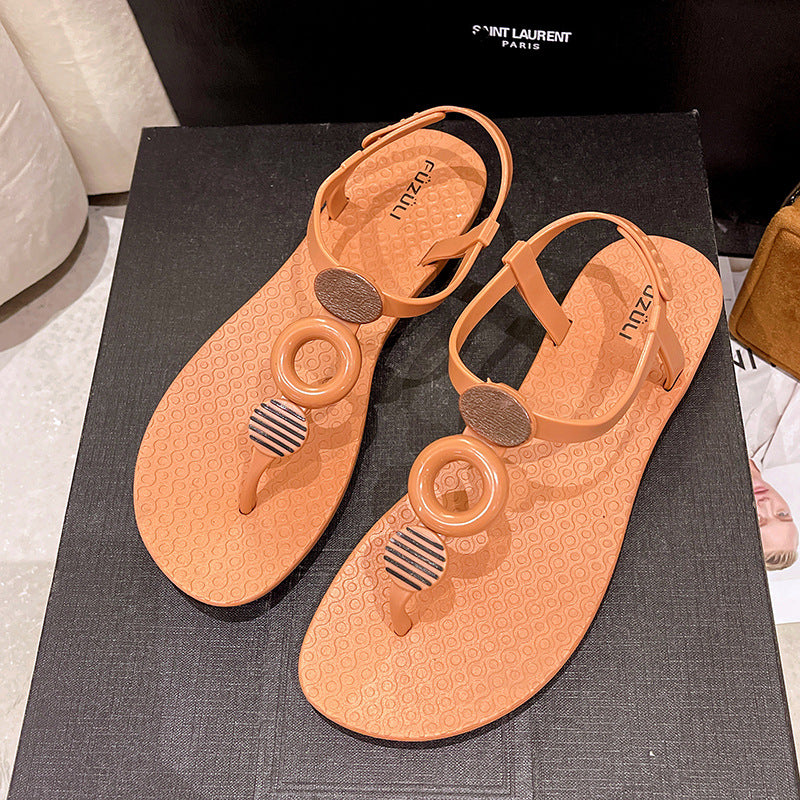Summer casual flat-soled sandals women's, hollow buckle women's beach sandals soft-soled herringbone with tide women's sandals