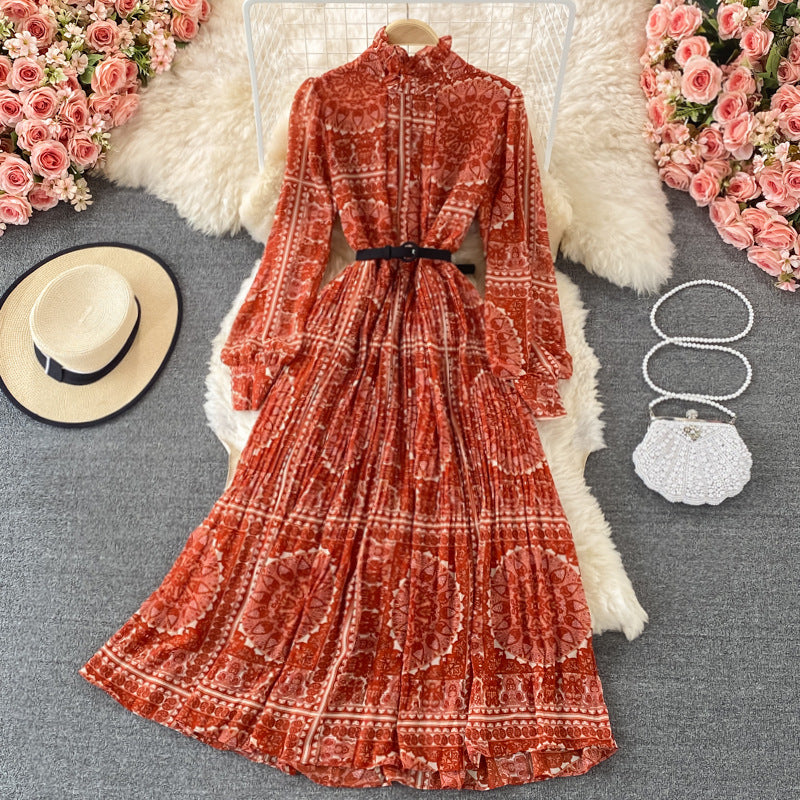 Seaside vacation stand-up collar pleated dress spring and autumn new foreign style lantern sleeves waist and thin printed big swing dress