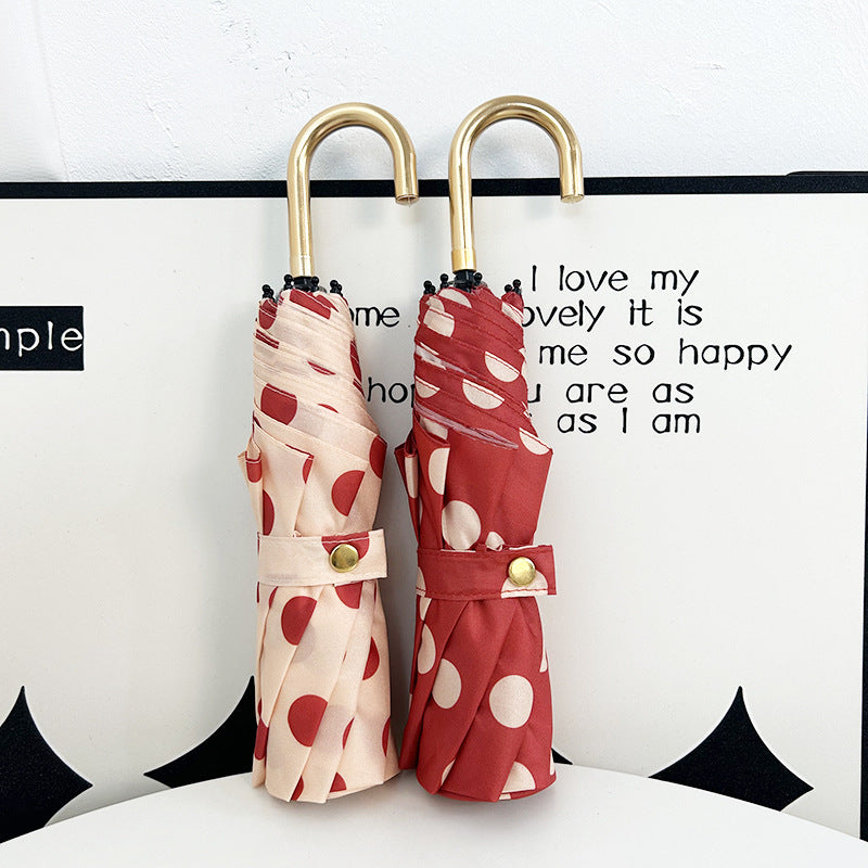 Round polka dot curved hook handle burgundy weather and rain parasol sun protection UV protection new folding sun umbrella vinyl