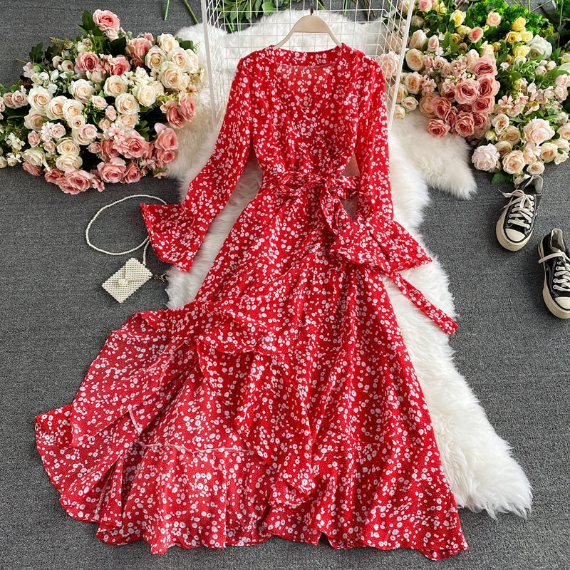 Spring new V-neck floral chiffon dress flared sleeves fashionable ruffle edge slim temperament knee-length long dress