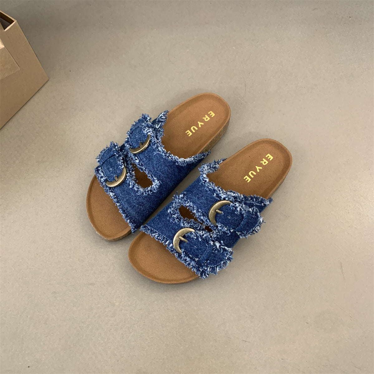 Denim thick-bottomed Birkenstocks slippers women's summer wear new Korean version French temperament casual flat-bottomed women's sandals