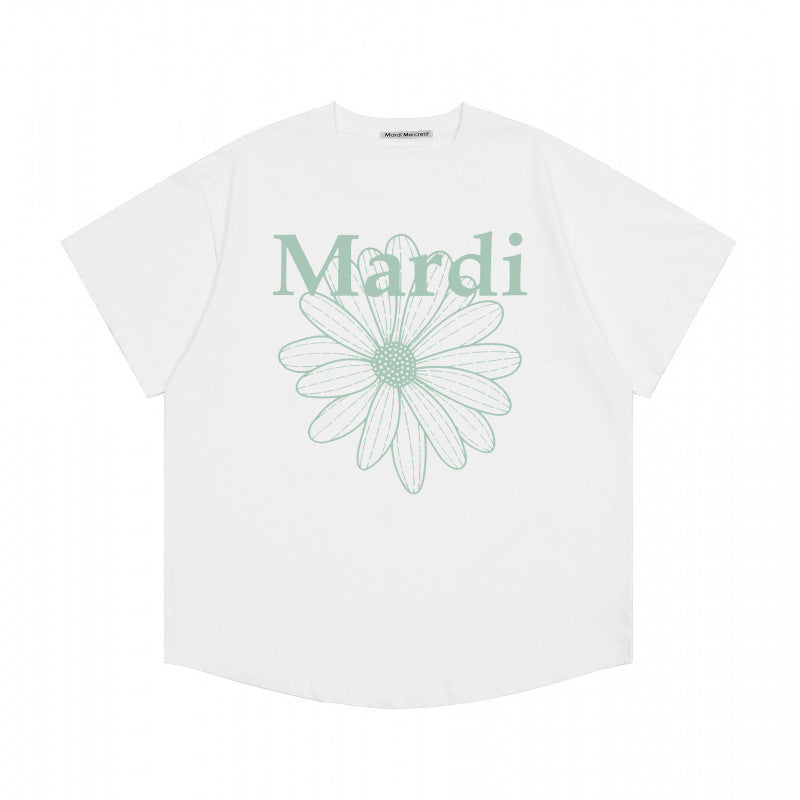 Korean trendy brand short-sleeved small daisy dachshund dog print summer round neck pure cotton gold high silver same loose T-shirt women