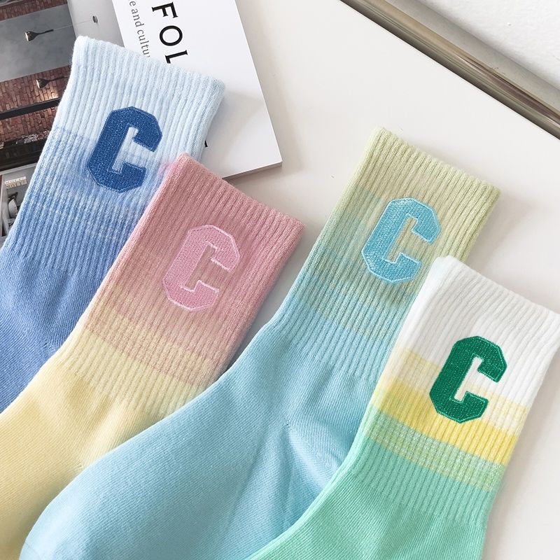 Spring Mid-Calf Sports Socks - Gradient Letter Design, Sweat-Wicking, Breathable, Dopamine Style Unisex Casual Socks