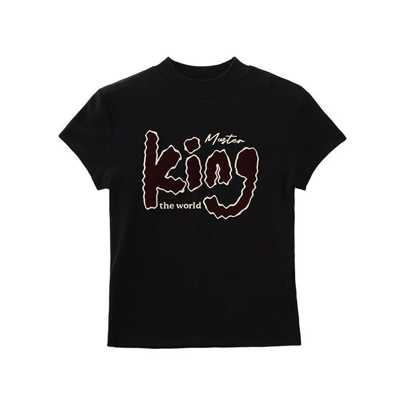 Pure cotton shoulder T-shirt women's stand-up collar slim-fitting short American retro pure desire short-sleeved new bottoming top