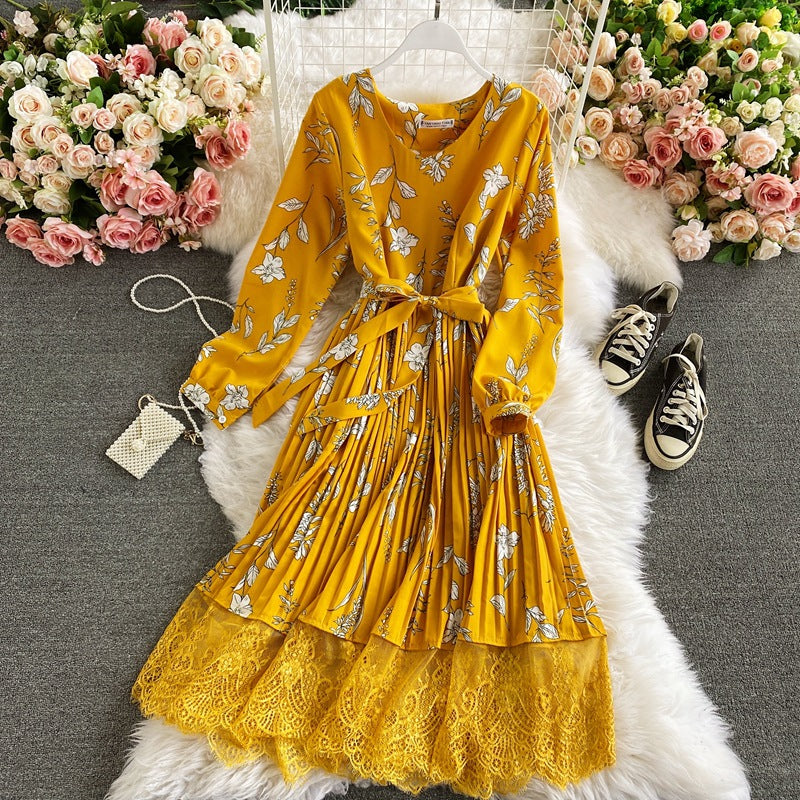 Retro floral V-neck waist thin lace splicing pleated dress color fashion temperament big pendulum long skirt