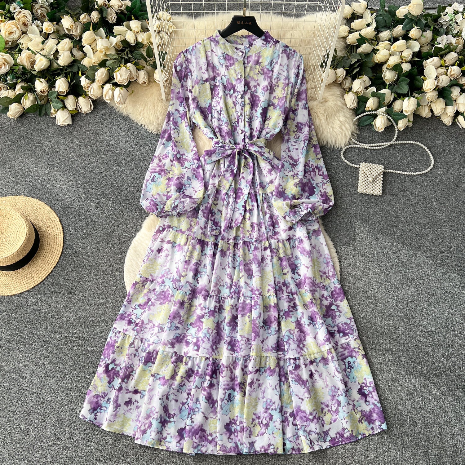 New French floral chiffon dress women's autumn wear new kneee-length dress gentle wind waist gas