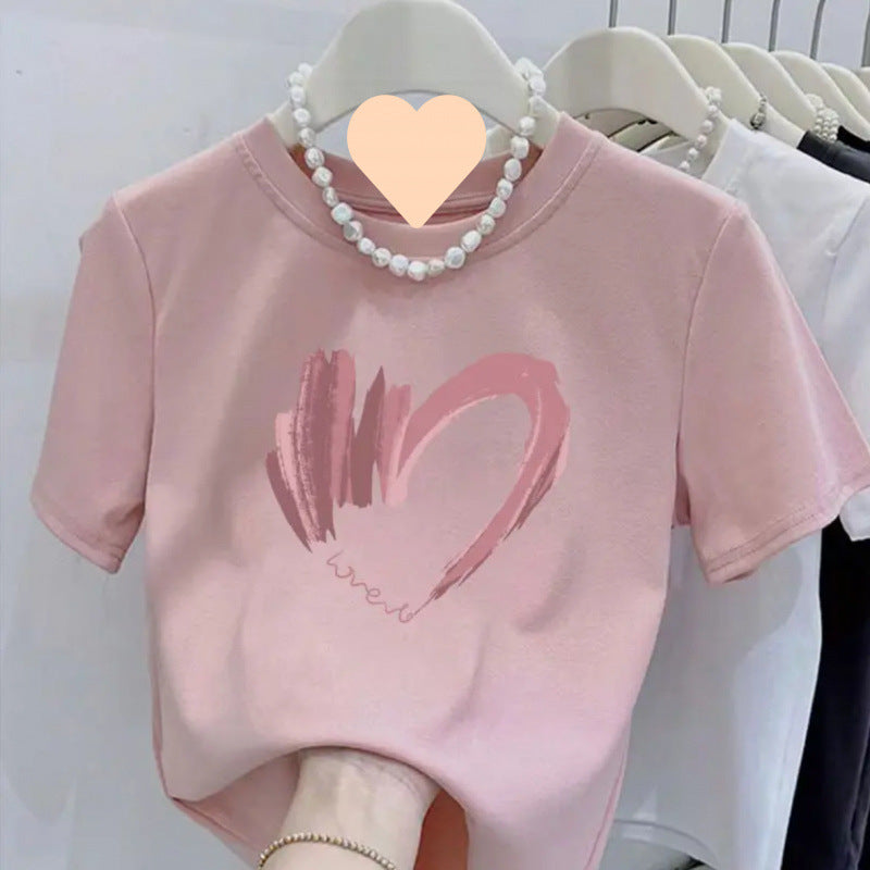 Cotton design round neck printed short-sleeved shirt for women summer slim fit all-match tops