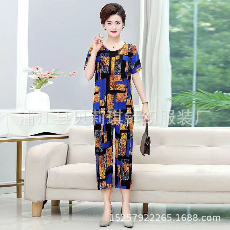 Middle-aged and elderly mother summer two-piece suit middle-aged women's suit women's suit middle-aged and elderly suit
