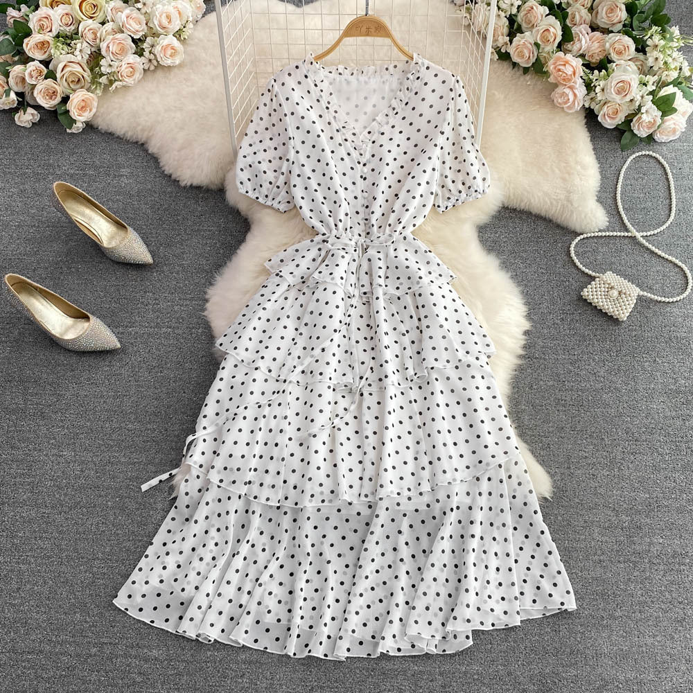 Summer gentle wind collar bubble short sleeves waist thin polka dot dress elegant temperament big pendulum long skirt