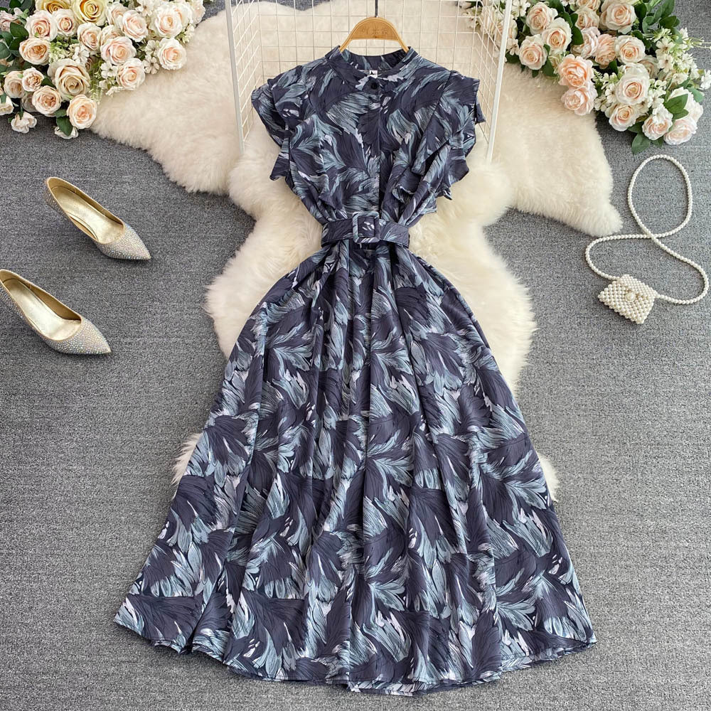 Gentle wind stand-up collar waist and thin printed A-word big pendulum dress 2025 summer high waist elegant temperament long dress