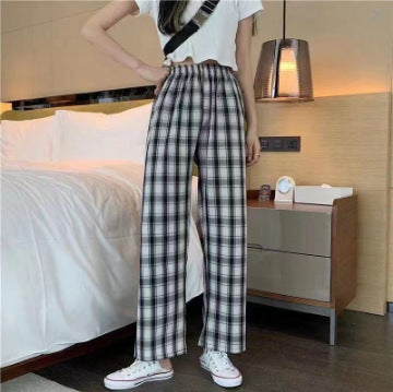 Thin plaid pants women's spring draped straight pants pink loose small pajama pants high waist plaid wide leg pants