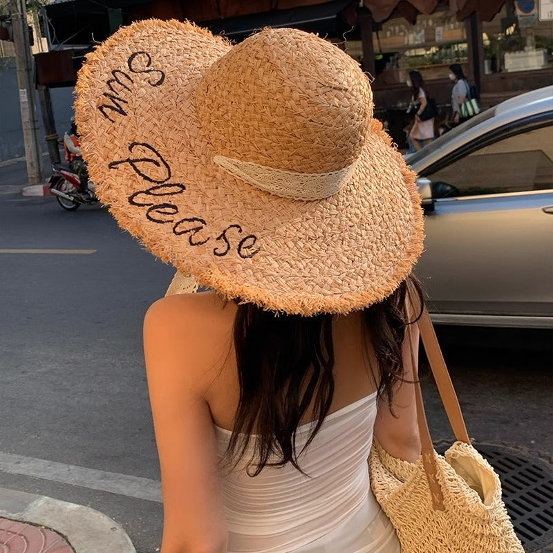 Lace-up letter Lafite straw hat women's summer 2025 new seaside beach sun hat big brim hat tide