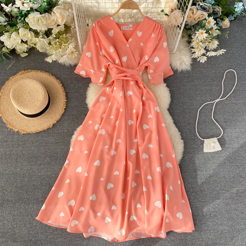Spring and Summer Women's French Niche Love Pattern V-Neck Short Sleeve Waist Muse Temperament Over Knee Swing Long Dress Dress