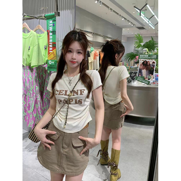 Ice silk threaded, foam letter short-sleeved T-shirt women's summer slim-fit short pleated top