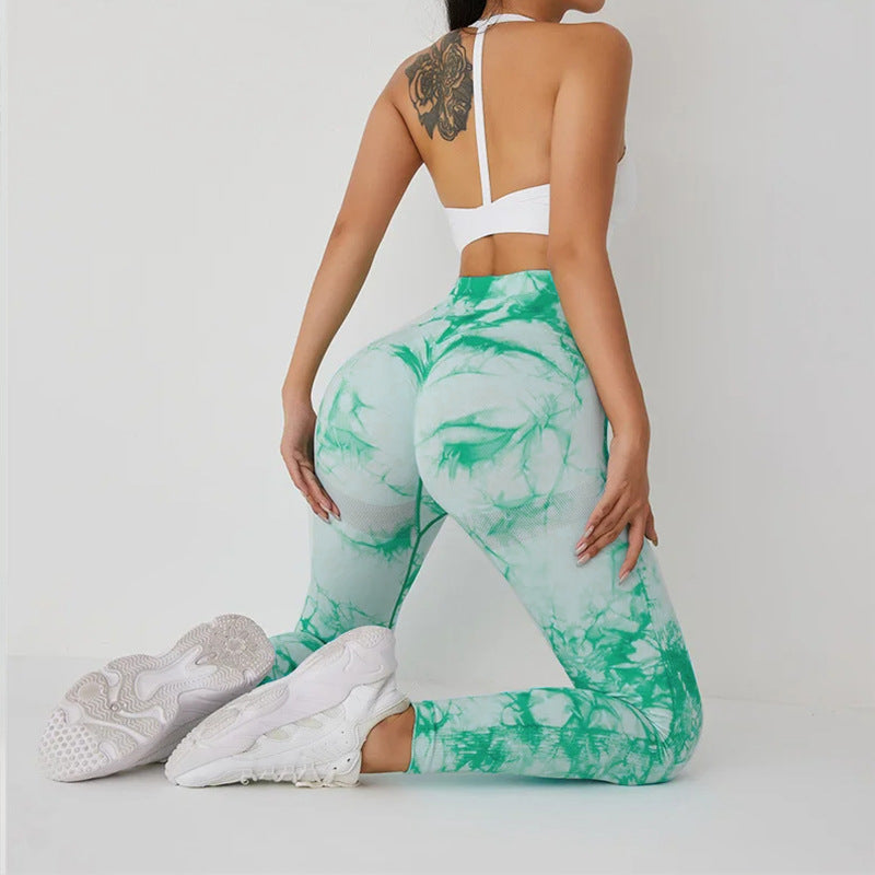 2025 popular seamless smiley face tie-dye yoga pants high waist peach hip leggings high elastic fitness pants