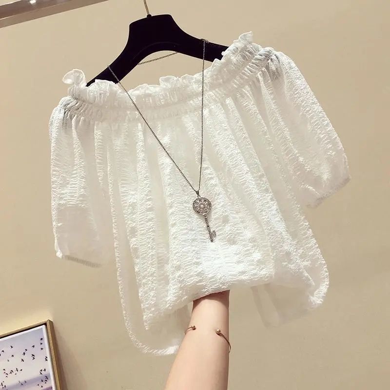 Korean bubble sleeve pleated age-reducing chiffon shirt 2025 summer new one-word collar off-the-shoulder temperament belly cover top
