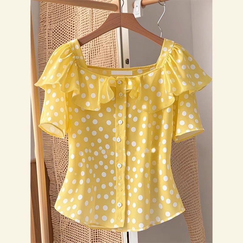 French unique top dopamine foreign yellow polka dot ruffle leaf edge short-sleeved shirt popular this year