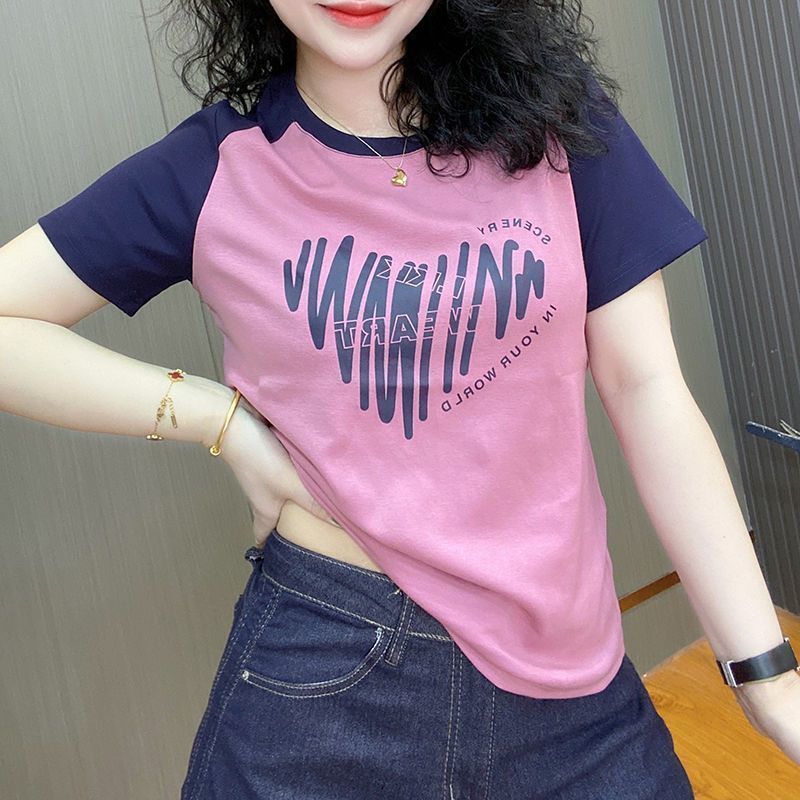 2025 summer new cotton round neck short-sleeved shoulder sleeve T-shirt women's contrasting colors versatile and thin loose large size top