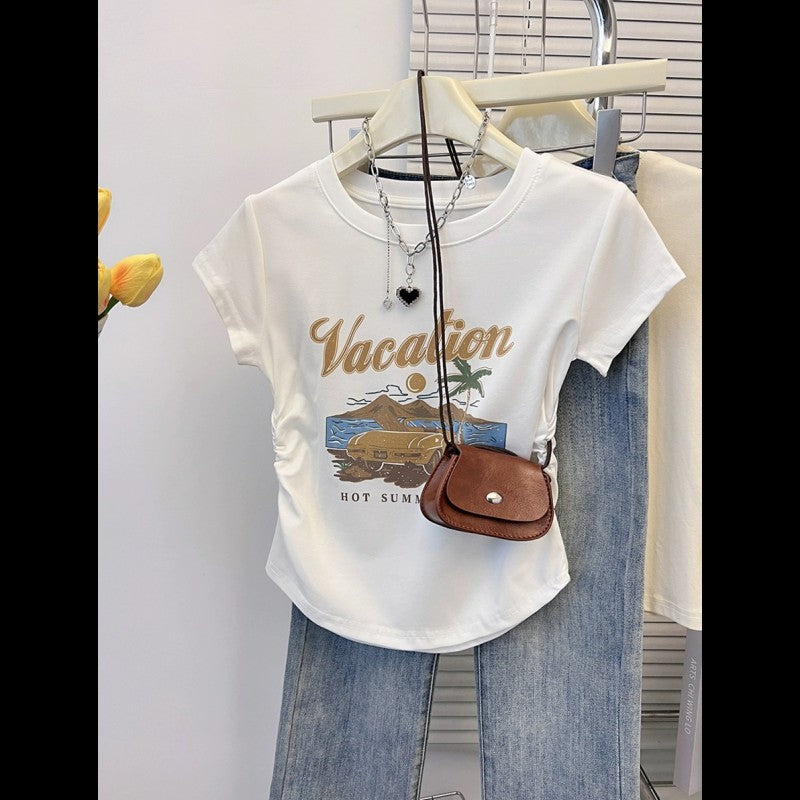 American retro printed front shoulder short-sleeved T-shirt for women's summer spice slim and thin pleated short top i