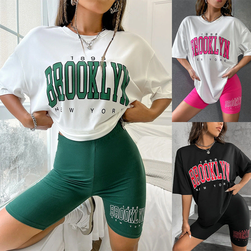 European and American outer wear pullover casual suit women's pajamas loose T-shirt tight shorts slim suit loungewear