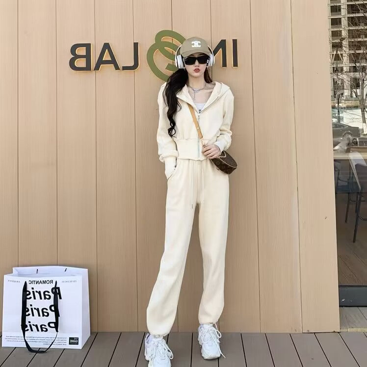 Casual sports suit women's 2025 early spring new Korean version hooded jacket high waist drawstring leggings two-piece set