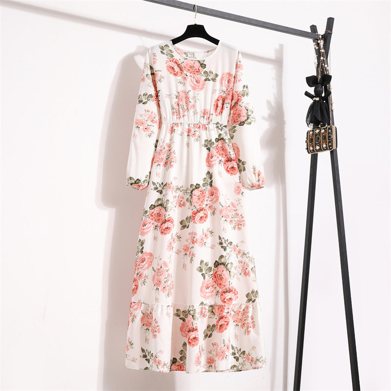 2025 spring new European and American floral long dress round neck long sleeve waist thin A-shaped dress