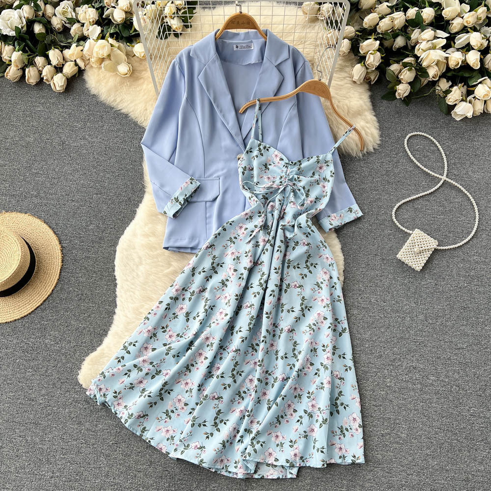 French high-end loose, sweet and salt suit women's long-sleeved suit jacket + floral fairy suspender dress