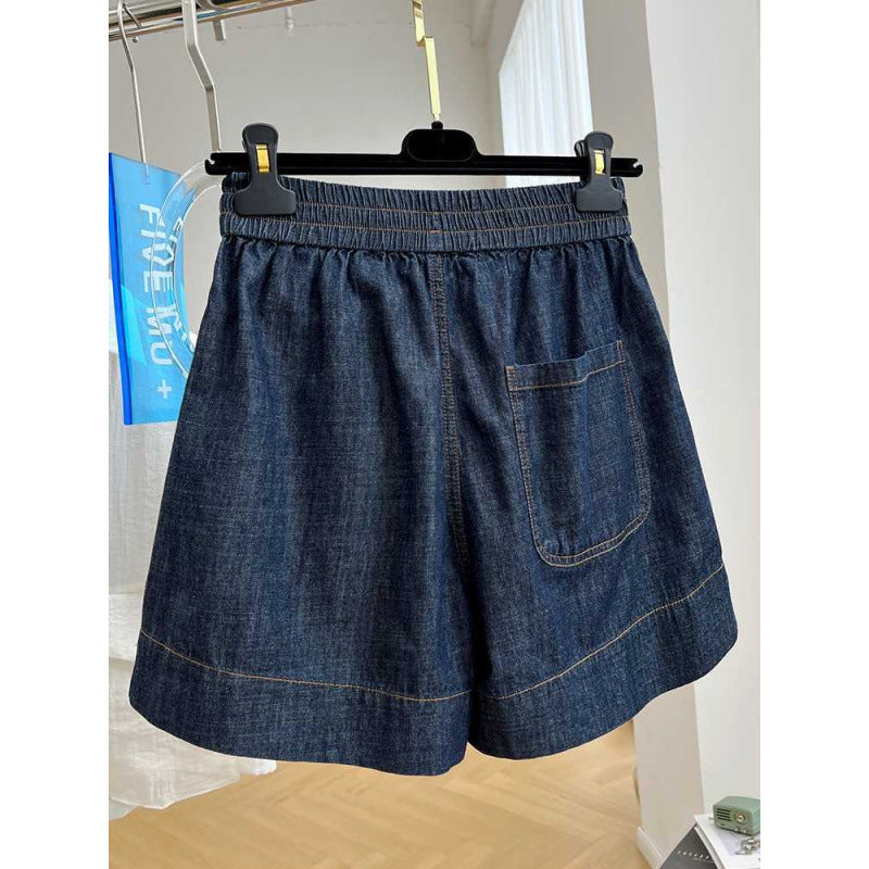 European high-end elastic waist casual denim shorts women's summer thin loose high waist A word