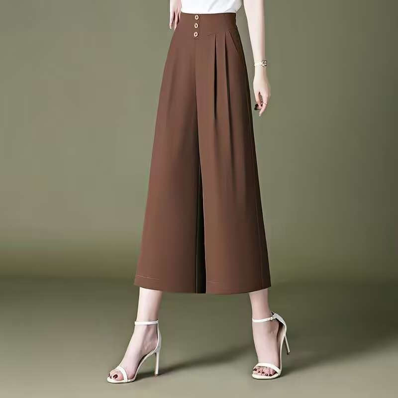 Ice silk wide-leg cropped skirt pants for women in summer thin style fashionable loose slimming covering flesh draped elastic waist casual pants
