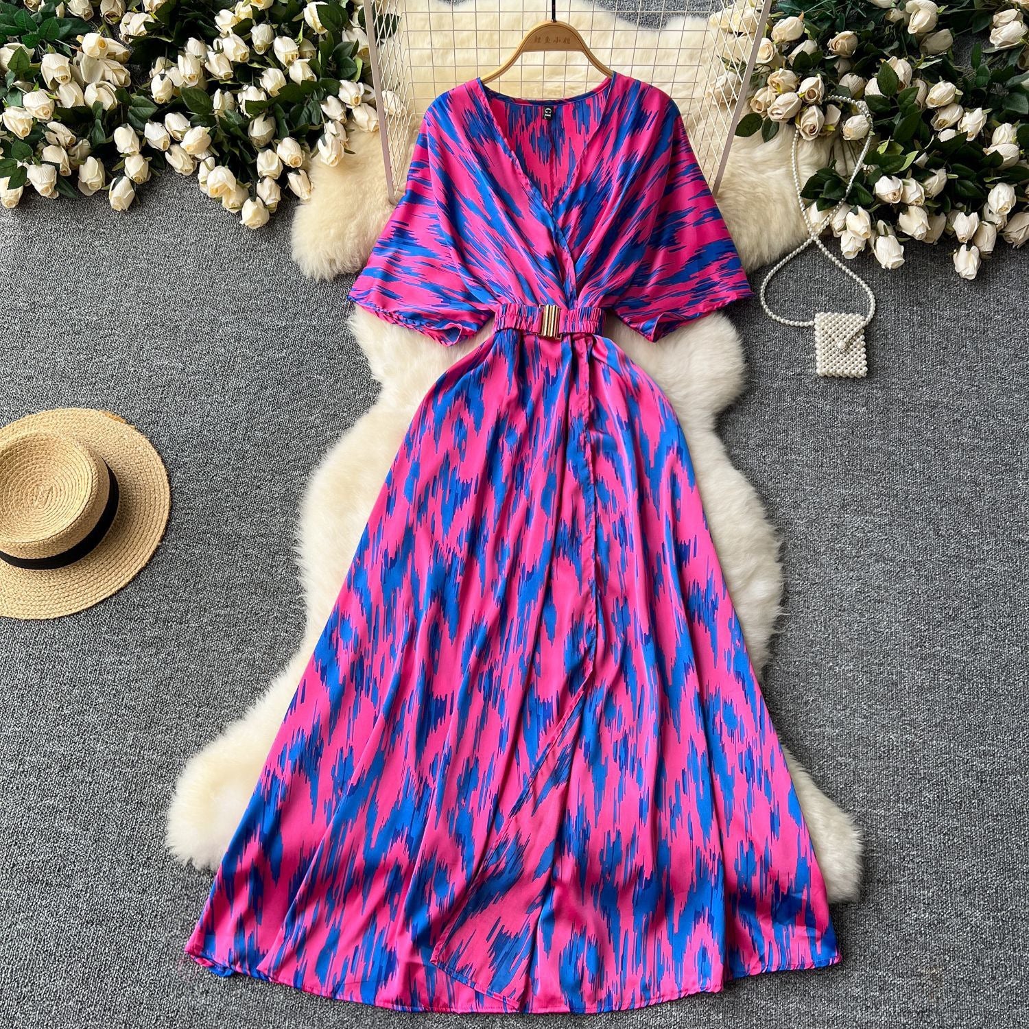Summer new European and American style niche light luxury retro collar waist thin big swing split printing dress