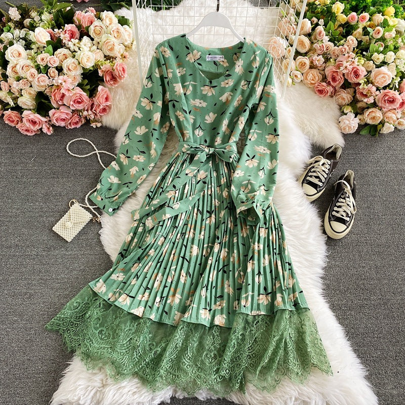 Retro floral V-neck waist thin lace splicing pleated dress color fashion temperament big pendulum long skirt