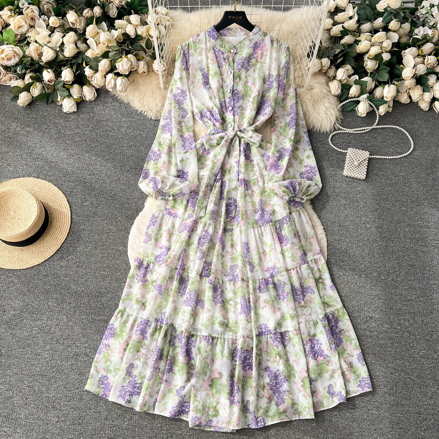 New French floral chiffon dress women's autumn wear new kneee-length dress gentle wind waist gas