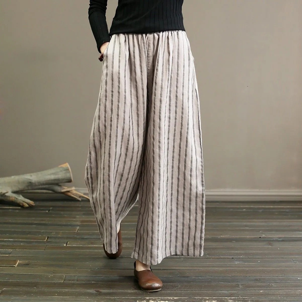 Literary cotton and linen striped wide-leg pants summer 2025 new women's large size thin and draped casual straight nine-point pants tide