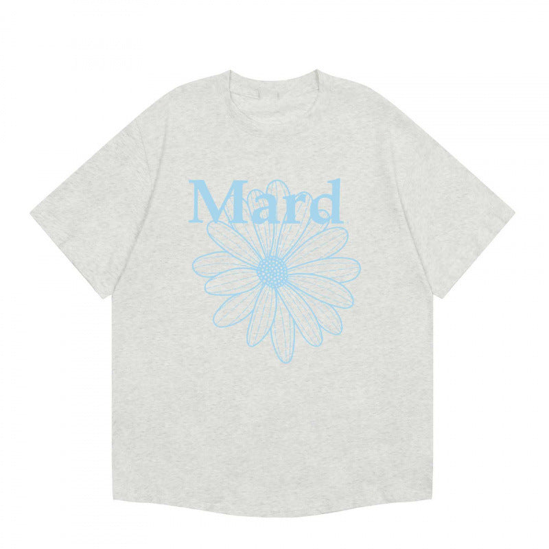 Korean trendy brand short-sleeved small daisy dachshund dog print summer round neck pure cotton gold high silver same loose T-shirt women