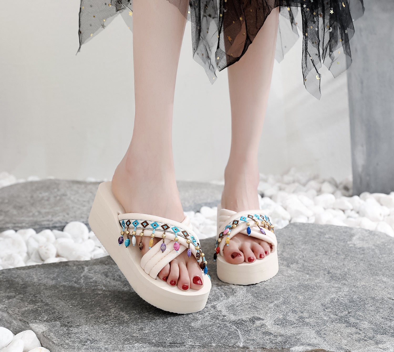 Xishuangbanna handmade slippers women's summer wear bohemian fashion fringed ethnic wind slope heels high heels beach shoes
