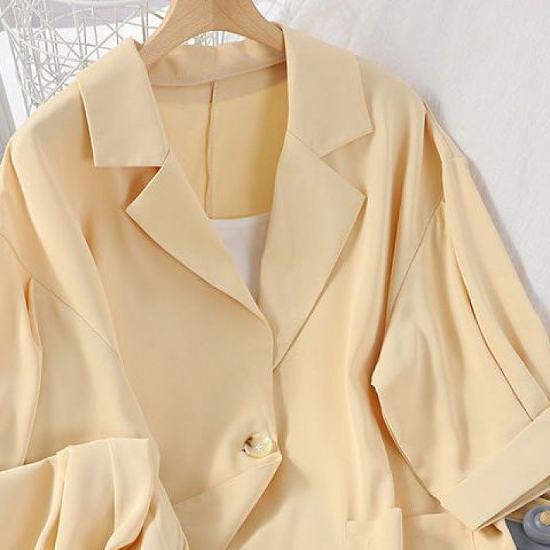 Suit Women's Fashion Summer Loose Suit Collar Seven-point Sleeve Jacket Nine-point Wide Leg Pants Suspender Three-piece Set