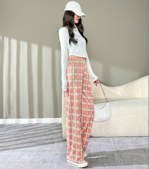 Thin plaid pants women's spring draped straight pants pink loose small pajama pants high waist plaid wide leg pants