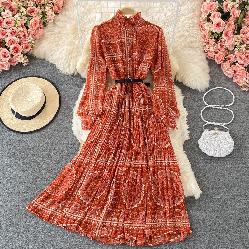 Seaside vacation stand-up collar pleated dress spring and autumn new foreign style lantern sleeves waist and thin printed big swing dress