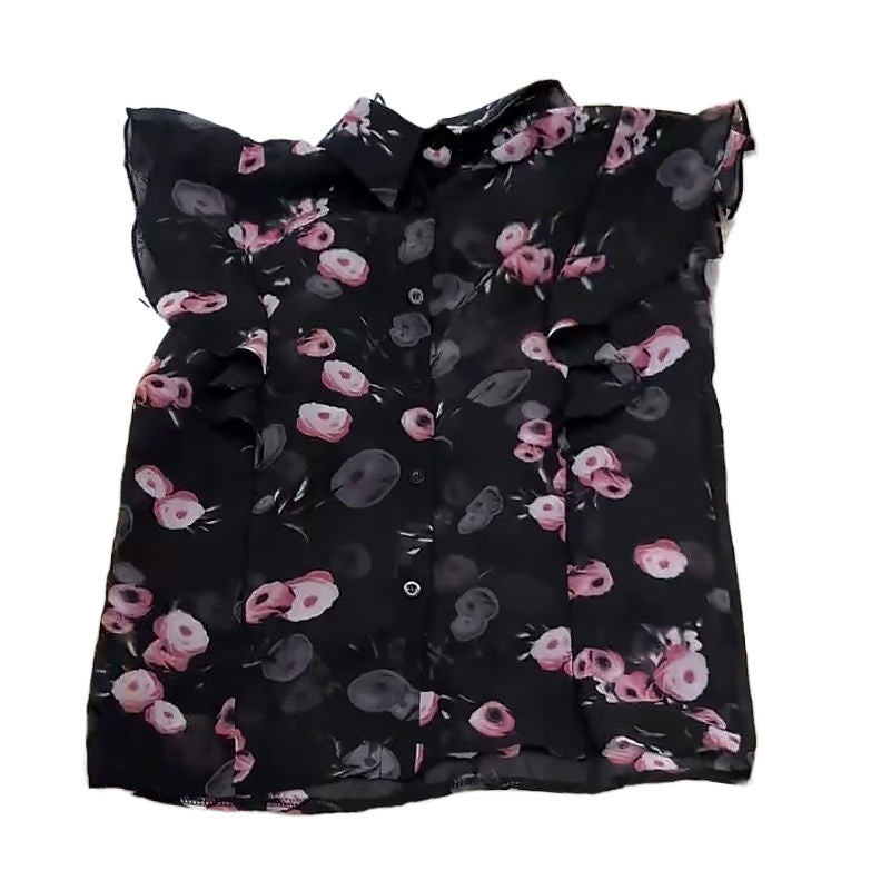 Vintage high-end foreign floral chiffon shirt small fashionable fresh Polo collar ruffled edge flying sleeve top