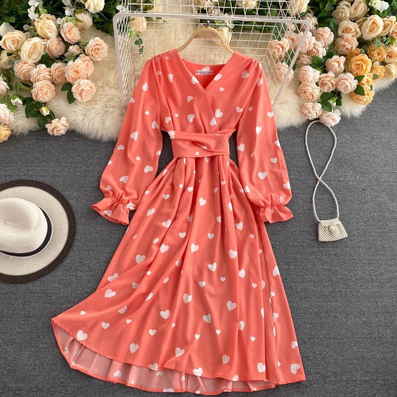 Vintage cherry print dress v-neck horn sleeve autumn new big skirt Internet celebrity vacation skirt women