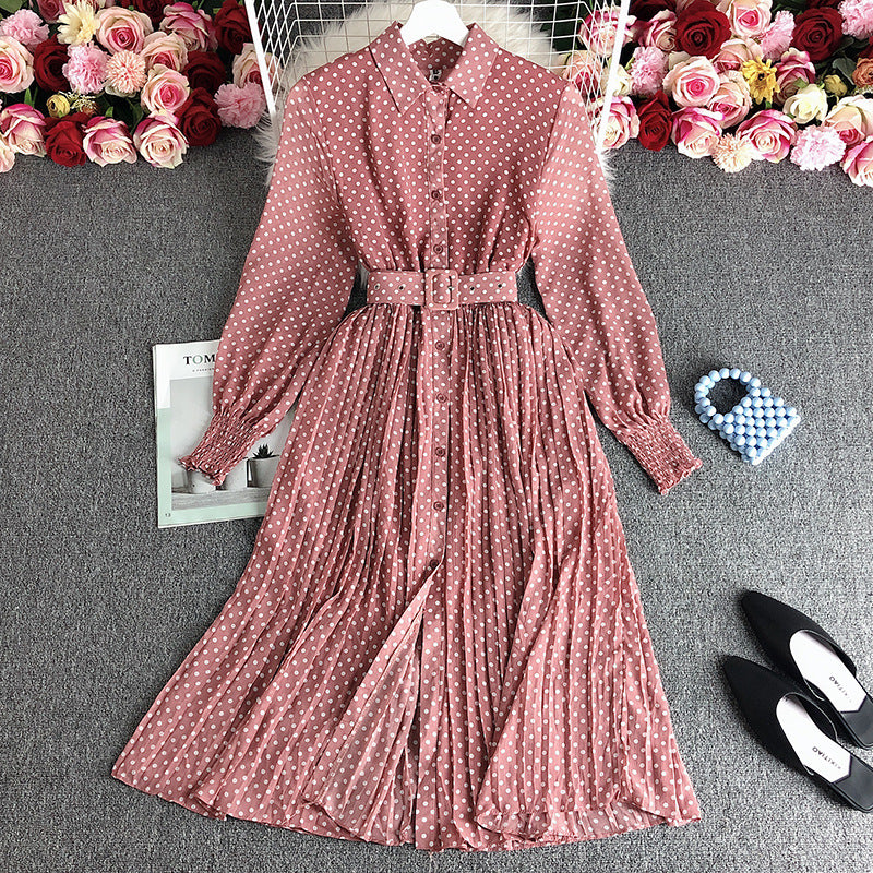 French dress spring 2025 new women's polo collar slim long polka dot chiffon pleated skirt tide