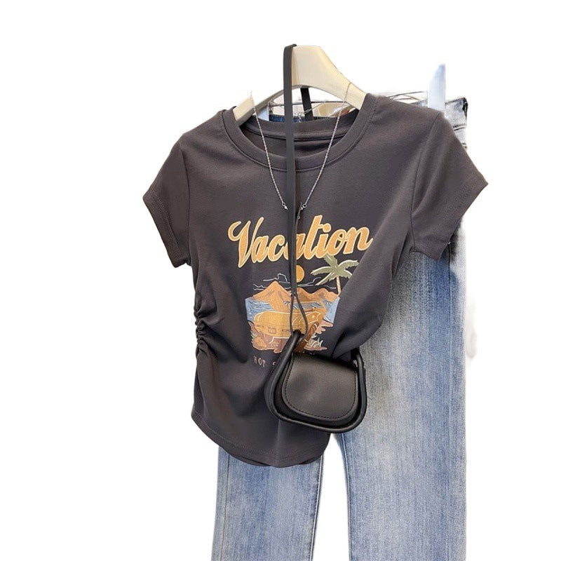 American retro printed front shoulder short-sleeved T-shirt for women's summer spice slim and thin pleated short top i