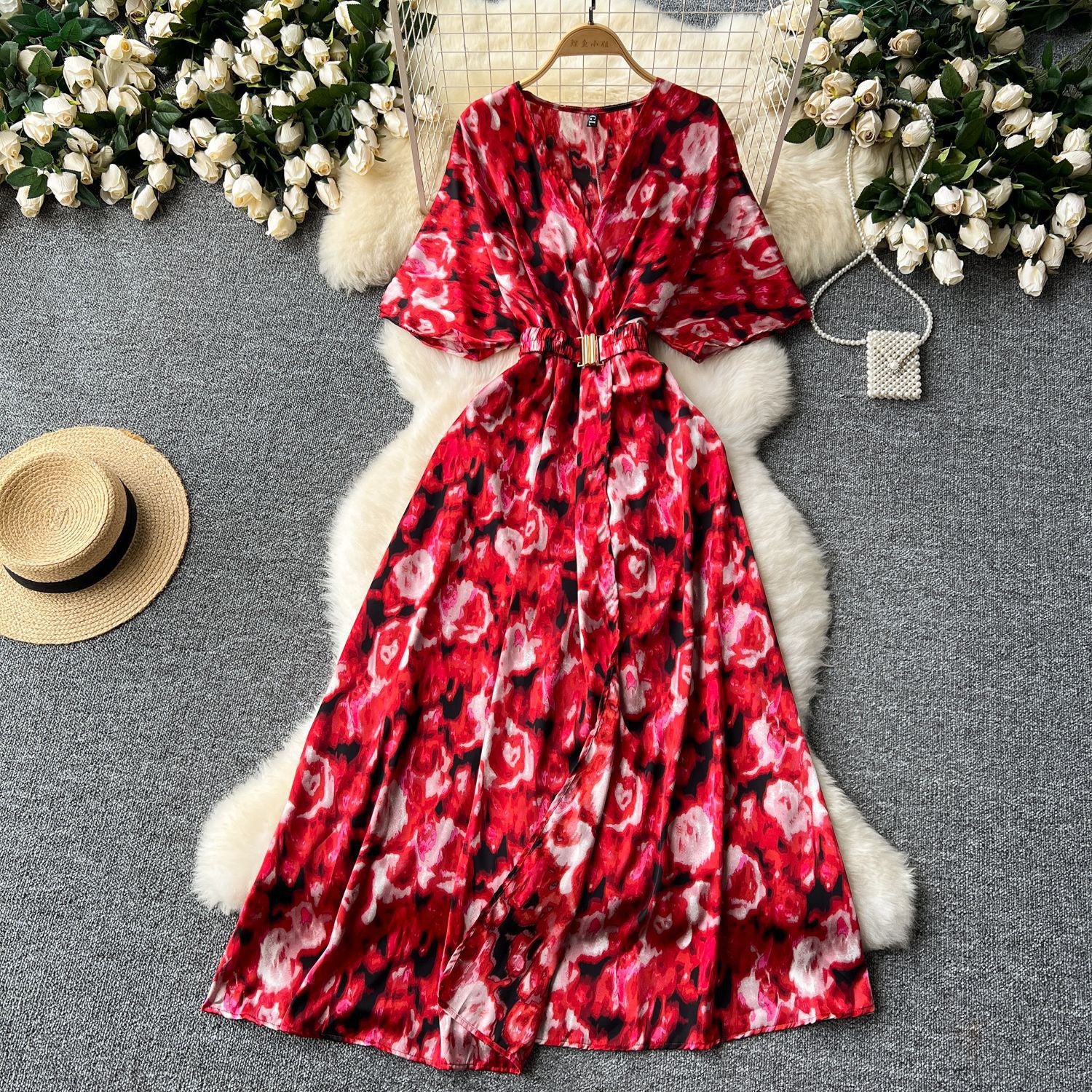 Summer new European and American style niche light luxury retro collar waist thin big swing split printing dress