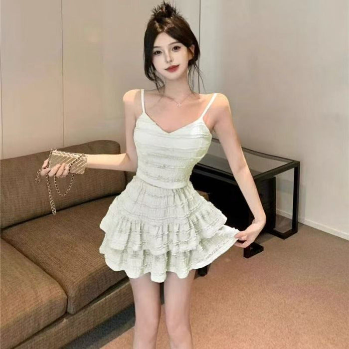 Spice girl two-piece suit skirt women's summer 2025 new short suspender lace top high waist cake skirt