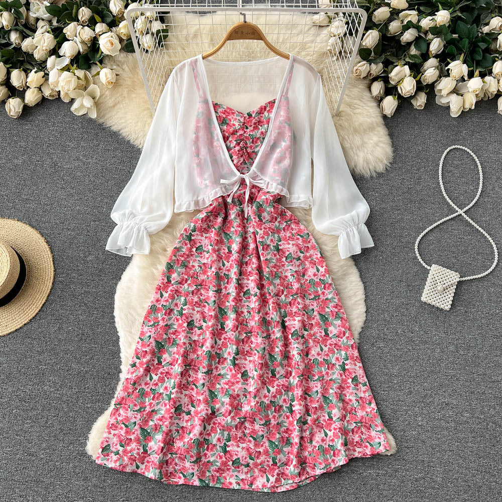 French retro age-reducing bell-covering and thin floral suspender dress chiffon shawl jacket sweet temperament two-piece set